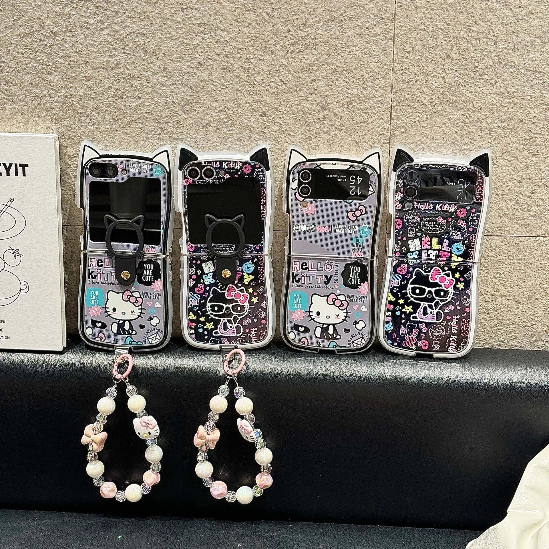 

New Sweet Cool Girl Dark Stylish Sanrio For Hello Kitty Illustration With Lanyard Samsung Galaxy Z Flip3,Z Flip4,Z Flip5,Z Flip6