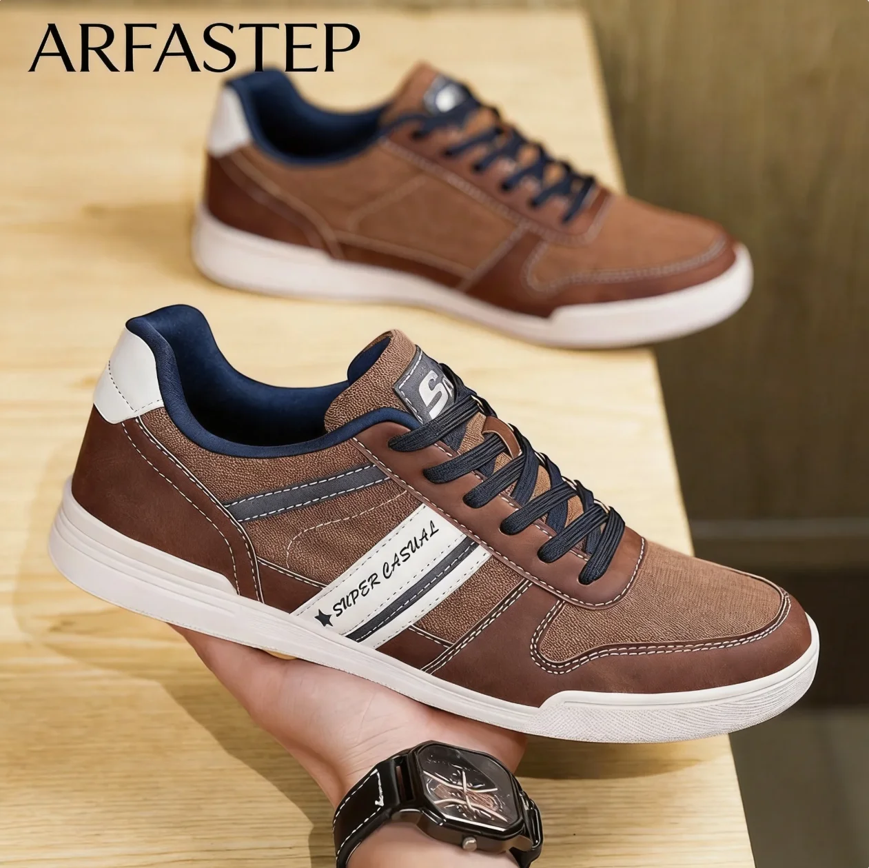 

ArfaStep Men's Brown Casual Sneakers Patchwork Lace-Up Comfortable Flat Walking Shoes Retro Skateboard Shoes
