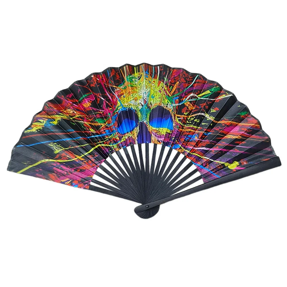 23cm Classic Folding Fan Print Black Bamboo Bone Fan Hand Fans Rainbow Cooling Handheld Fan Festival Performance Dance Fan Gifts