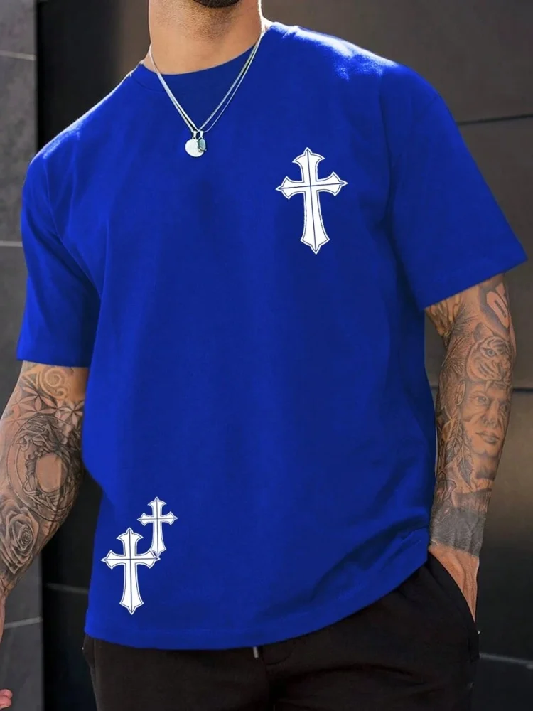 Religious Print Men\'s T-shirt Cross Print Men\'s T-shirt Summer Daily Casual Men\'s Short-sleeved Top Street Fashion Men\'s T-shirt