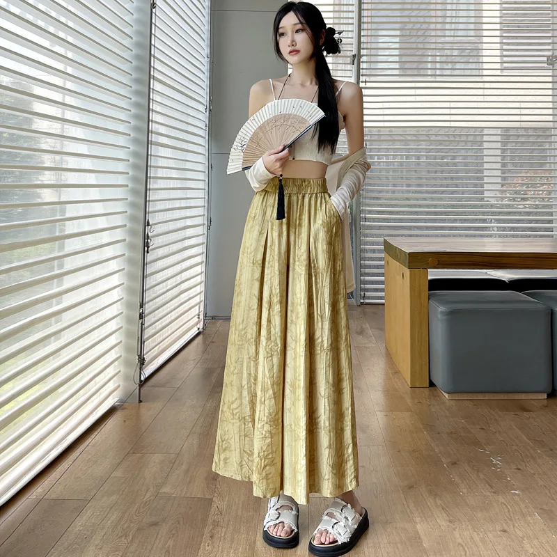 Cotton and Linen Printed Skirt for Women Chinese style High-waist Casual Literary Retro Style Versatile Mid-length A-line Skirt