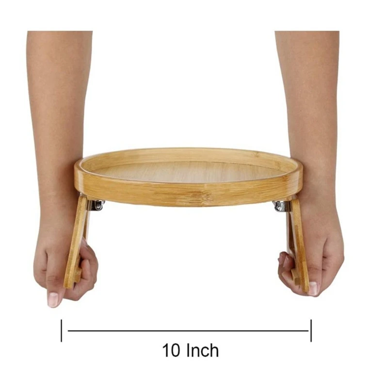 Foldable Round Wooden Sofa Armrest Clip-On Tray For Remote Control Coffee Snacks