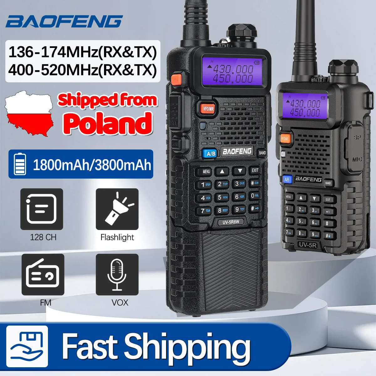 Radiotelefon Baofeng UV-5R 5W/8W Dual Band VHF UHF Przenośna Komunikacja VOX Zestaw Głośnomówiący Radio Krótkofalarskie Dwukierunkowe Radio do Kempingu i Wędrówek