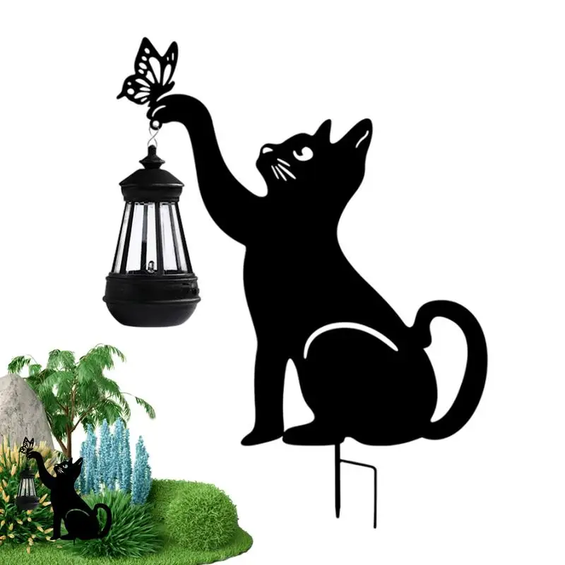 Solar Cute Cat Lamp Decorative Garden Outdoor Stake with Solar-powered Lantern Outdoor Metal Cat Decorative Light for Yard