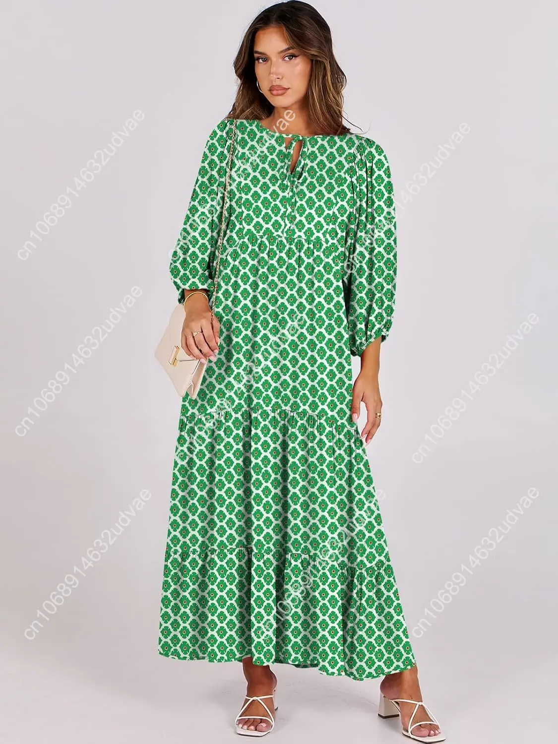 Womens Boho Maxi Dresses 2025 Summer V Neck Puff Sleeve Floral Flowy Swing Casual Long Dress