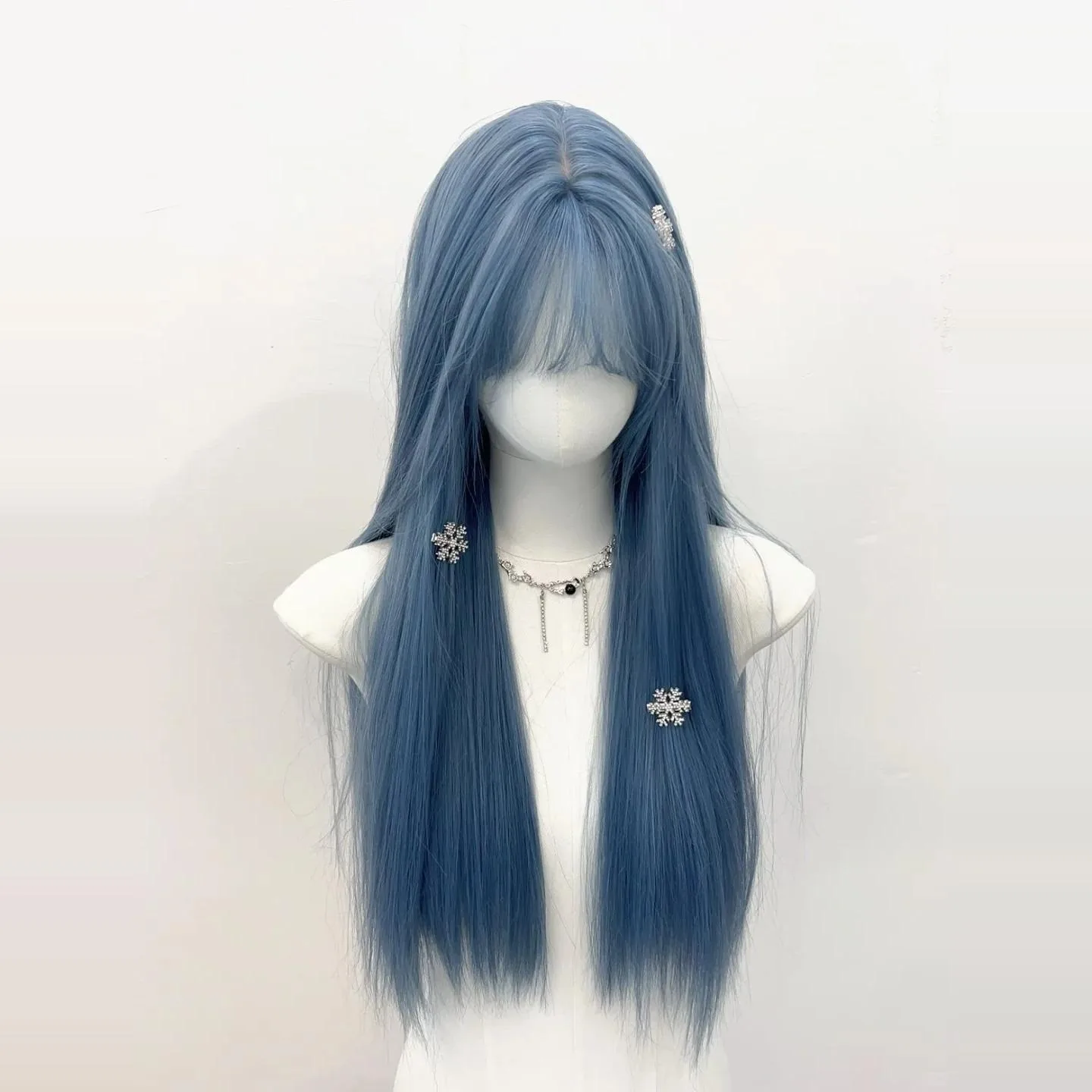 女性用フリンジ付きロングブルー合成ウィッグ,ロリータ,耐熱ヘア,コスプレ,クリスマス,ナチュラル