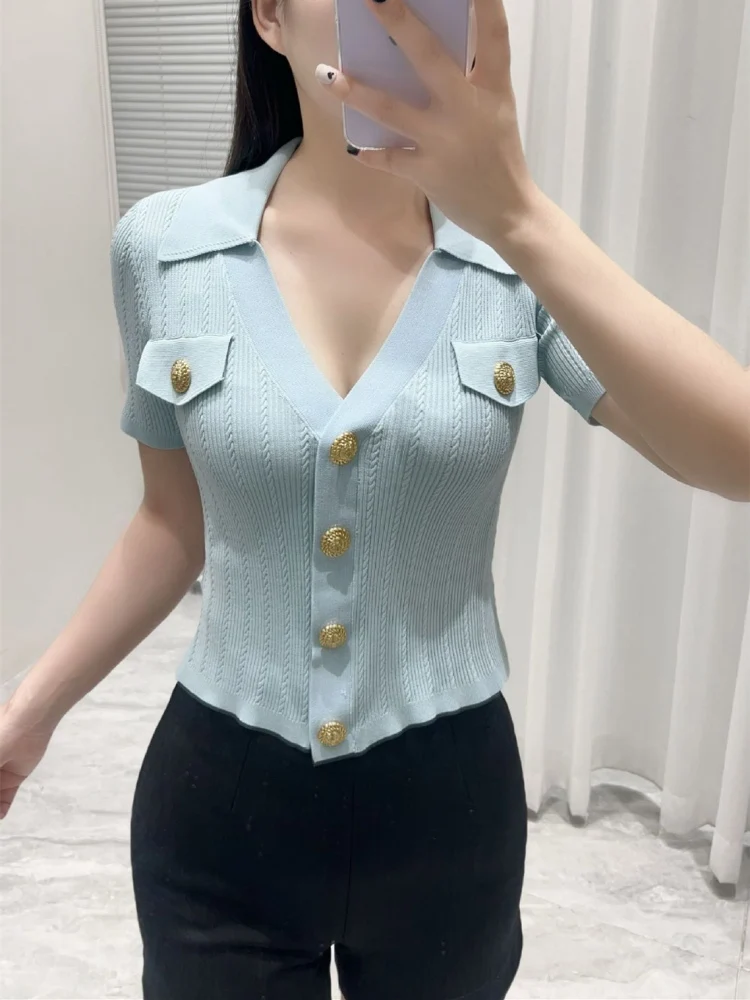 

Высококачественная версия Парижский летний трикотаж V-Ne Slim Fit ort Sve Открытый кардиган Топ с золотыми пуговицами Ele Faionable