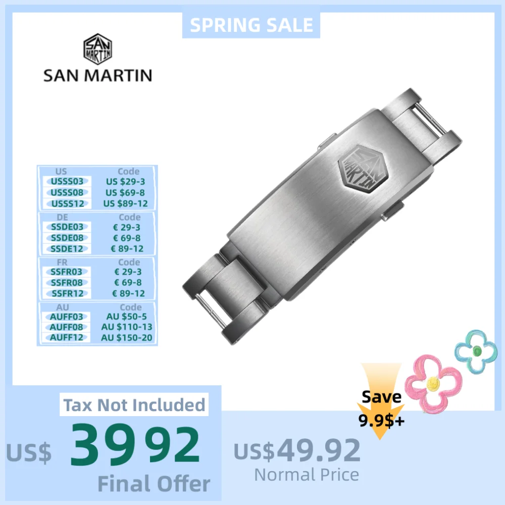 

San Martin 16mm 316L Stainless Steel On The Fly Adjustable Watch Clasp For Notched Pins & Tubes Structure Bracelet BK1642-KGV1