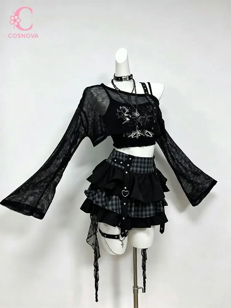 Y2K Goth Streetwear 3 Piece Set Women Flare Sleeve Mesh Crop Top Plaid Low Rise Ruffle Korean Punk Mini Skirt Pendant Outfit