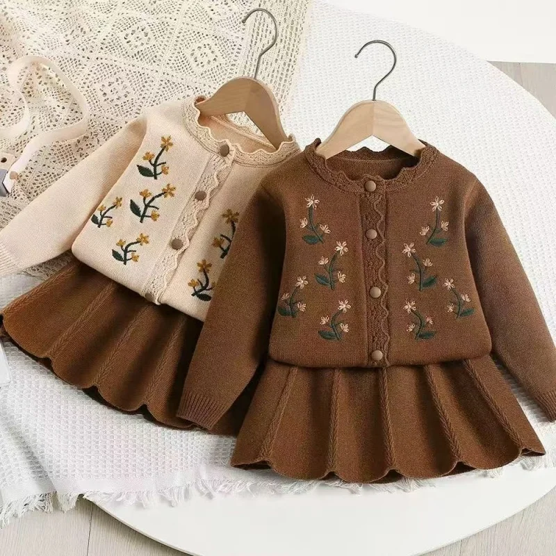 

Baby Girl Clothes Girls Knitted Sweater Set Embroidered Flower Design Two-Piece Jacket And Skirt Spring Autumn Korean Style