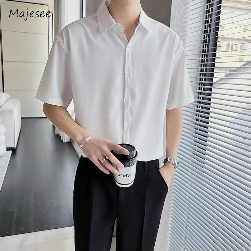 

Shirts Men Fashion Advanced Streetwear Summer Turn-down Collar Solid Color Temperament Korean Style Male Vitality Handsome Chic