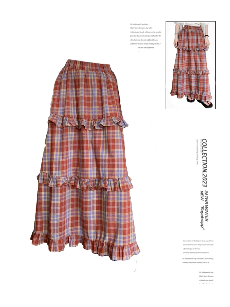 Women\'s Red A-line Plaid Skirt Vintage 90s Aesthetic Y2k Long Skirt Harajuku Elegant Korean Skirt 2000s Fashion Clothes Summer