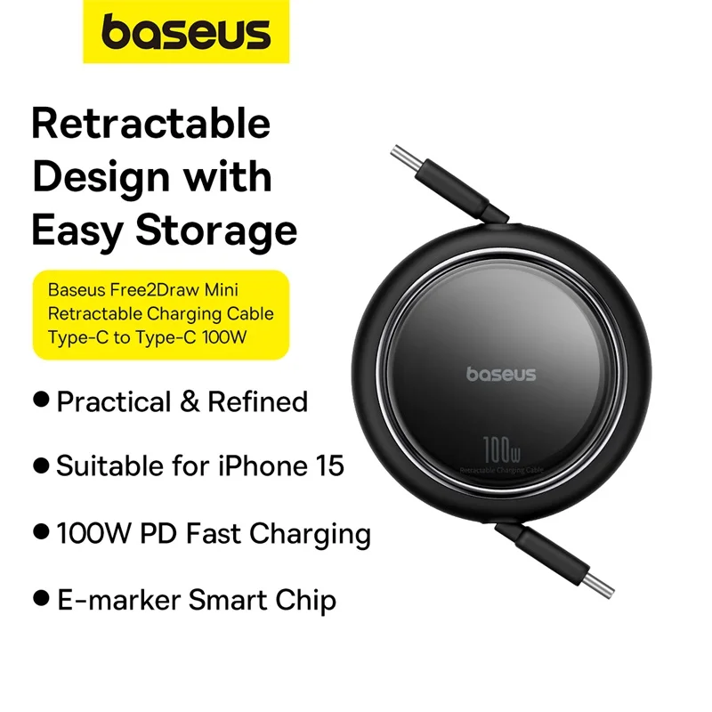 Baseus Retractable 100W USB C Cable For MacBook iPad Fast Charger Cable For iPhone 15 16 Plus Pro Max Type C For Xiaomi Samsung