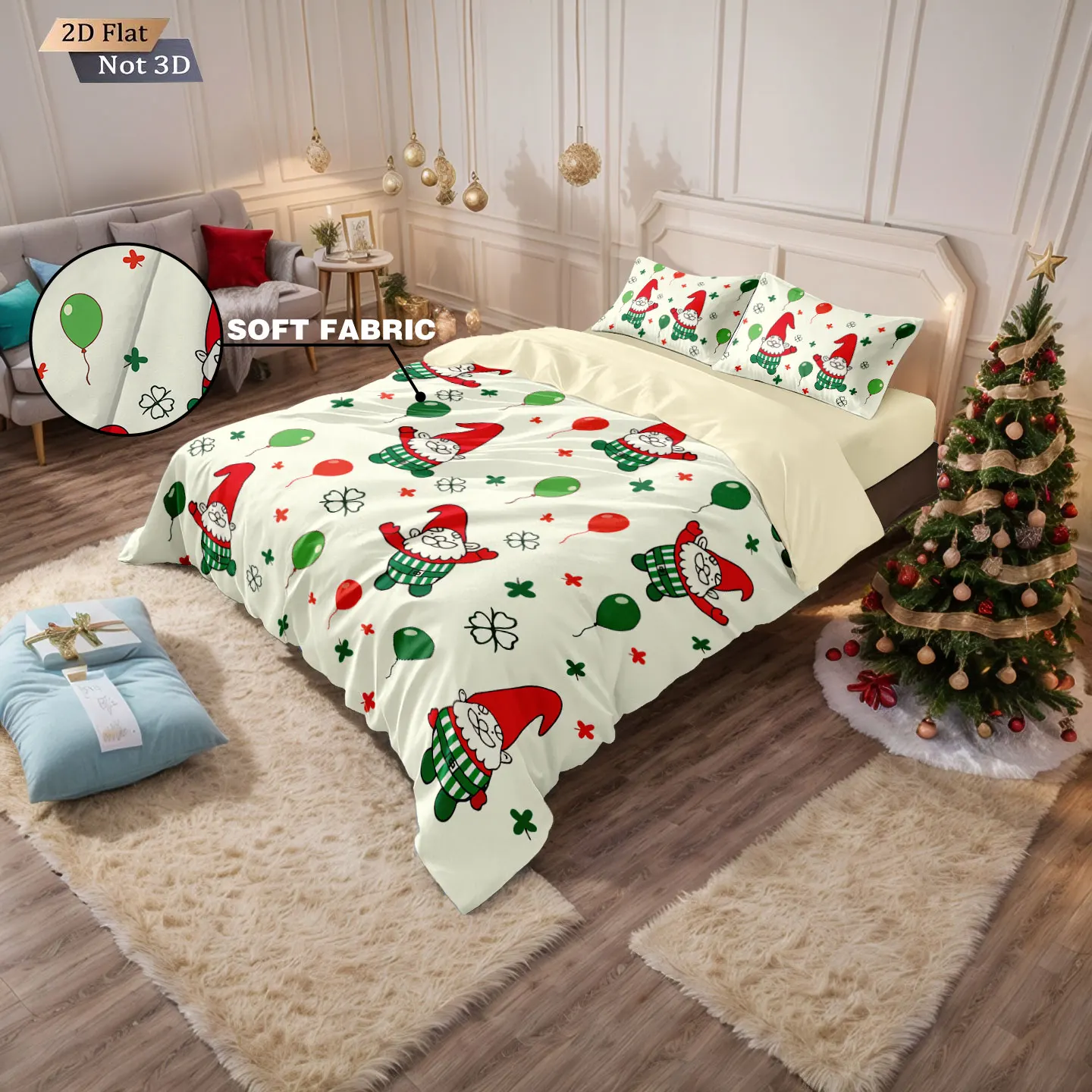 3pc Christmas gnome print coreless down duvet cover, multiple sizes, soft bedroom bedding decoration, machine washab