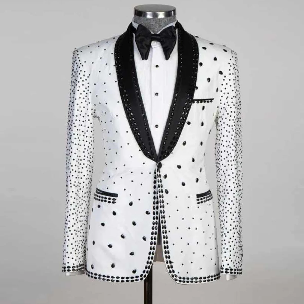 Customized Diamond Men Suits 2 Pieces Sets Beaded Party Prom Blazer Slim Fit Customized Homme Shawl Collar Groom Tuxedos