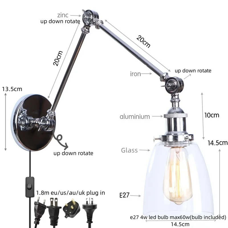 Iwhd vintage led wand leuchte us eu uk au stecker in wohnkultur balkon küche nachttisch lampe industrielles klares glas aplique pared