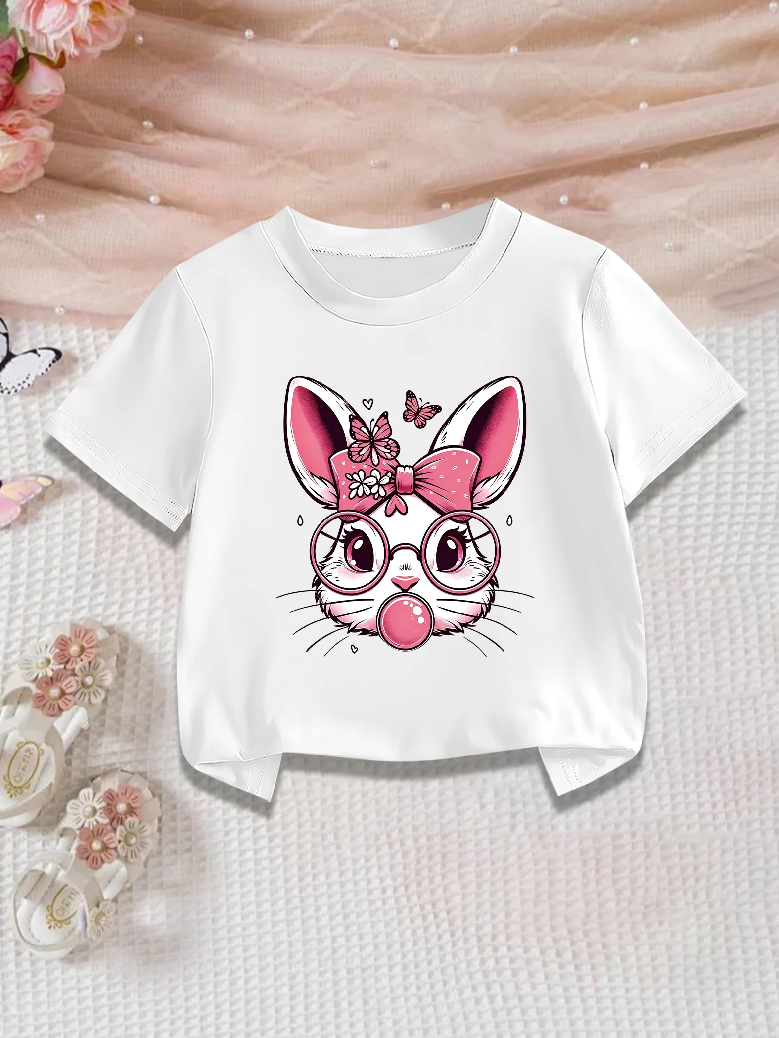 1 pieces: Easter Day Girls' Summer Sweet Cute Short Sleeve T-shirt with Cartoon Rabbit Blowing Bubbles Prints
