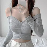 Pure Desire Aesthetic Off-Shoulder T-Shirt Women's Summer Cropped Top Slimming Black Tank Topspandex Material Full Sleeve