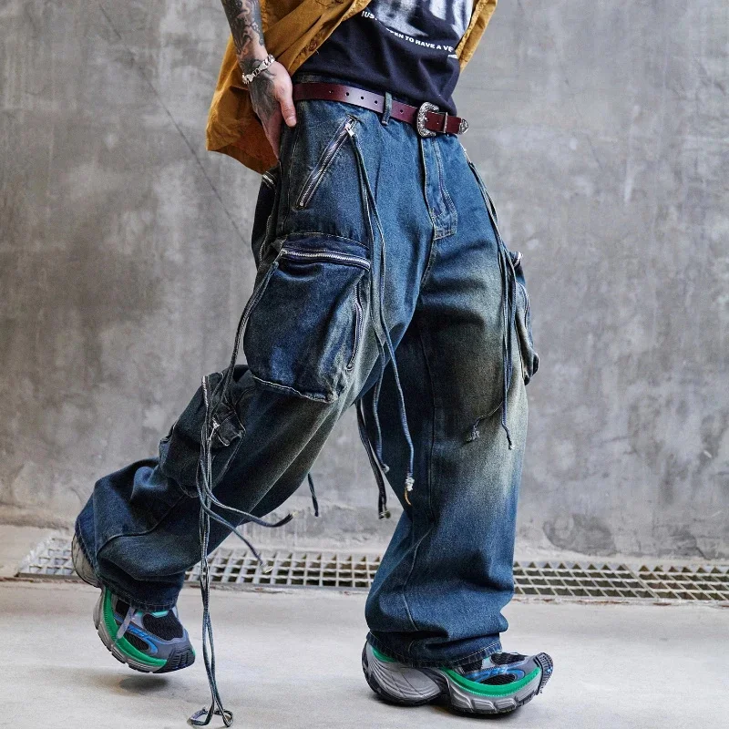 

Новые модные синие джинсы свободного кроя с прямыми штанинами и множеством карманов