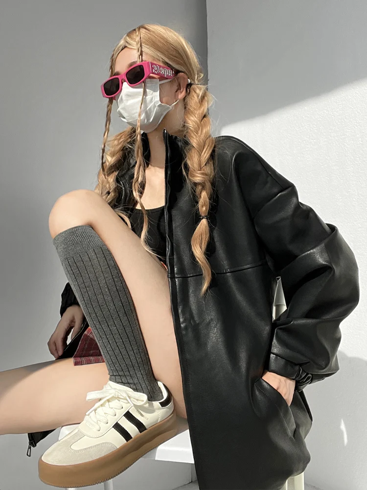 Bla American Retro Motorcycle Jaet المرأة الخريف الشتاء بولي معطف معطف جلد Sli الشارع الشهير معطف طويل بياقة Sve #1