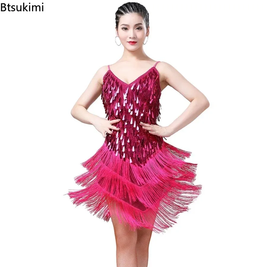 Abito da ballo latino con paillettes lucide da donna Nappa scintillante Party Dancewear Costume di scena Sala da ballo Salsa Samba Rumba Jazz Tango Outfit