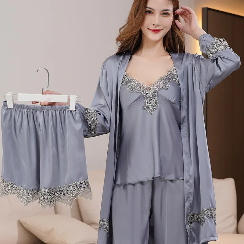 Women Robe Set Satin Sleepwear Lace Kimono Bathrobe Gown Sexy Nightwear Home Clothes Silky Bride Bridesmaid Dressing
