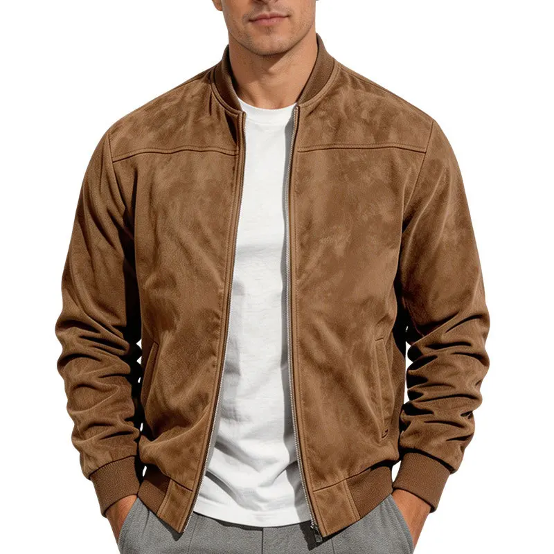 Herren-Bomberjacke aus Kunstwildleder mit Reißverschluss, Stehkragen, langen Ärmeln, lässige Oberbekleidung für Herbst und Winter. – Detail 8