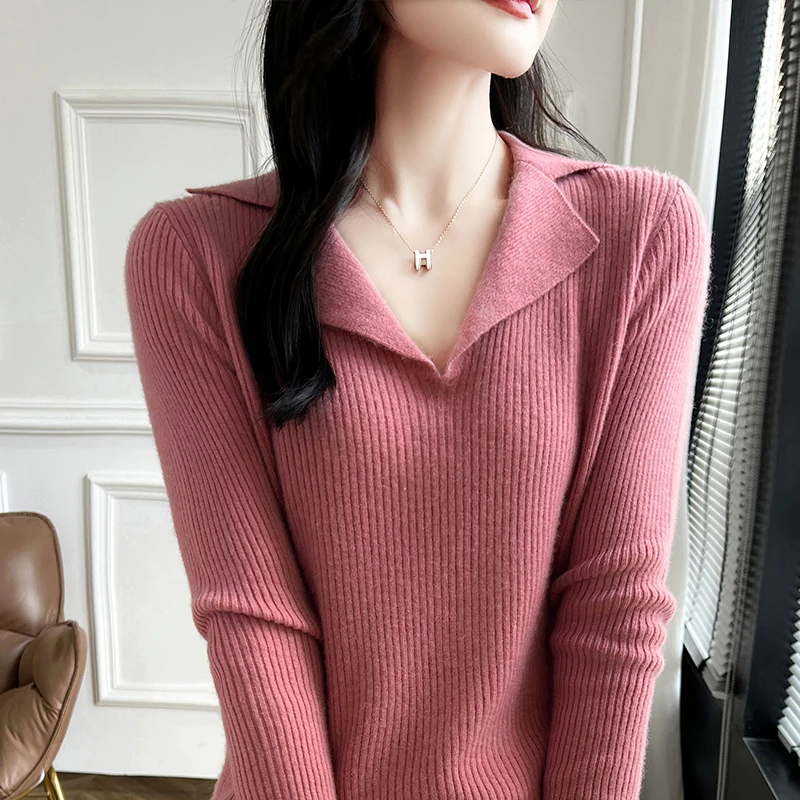 Women\'s pullover autumn/winter 100% wool sweater Japanese/Korean casual knit sweater Turn-down Collar Tops slim fit wear Blouse