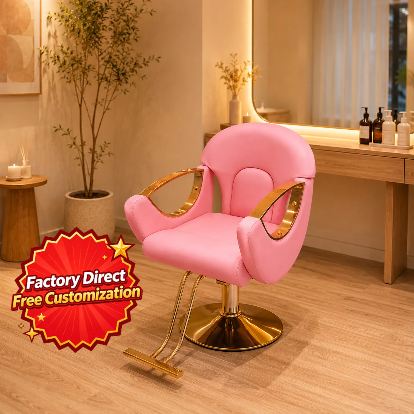 Hydraulic Reclining Barber Chair Gold Base 360° Rotation Salon Hair Styling Chair for Beauty Barbershop