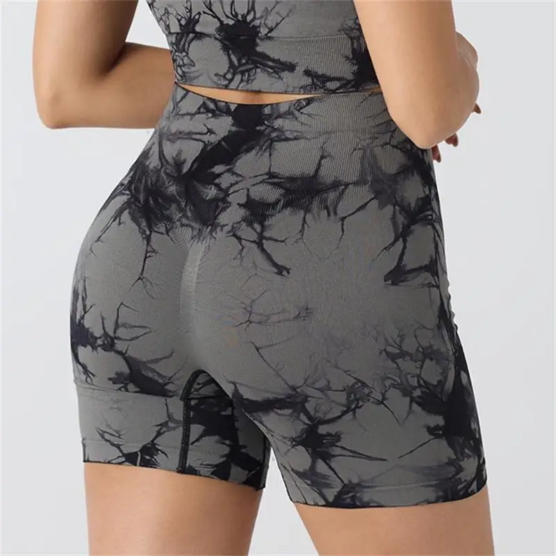 

Tie-dyed high-waisted yoga shorts, women's sports peachy buttocks and tummy tucked fitness shorts, tight sports shorts