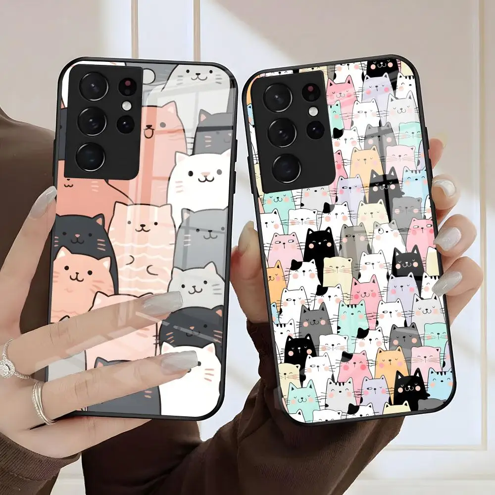 

Чехол для телефона с милыми кошками в фоне для Samsung A56 A36 A26 A16 A15 A25 A35 A55 A14 A34 A24 A54 Стеклянный чехол