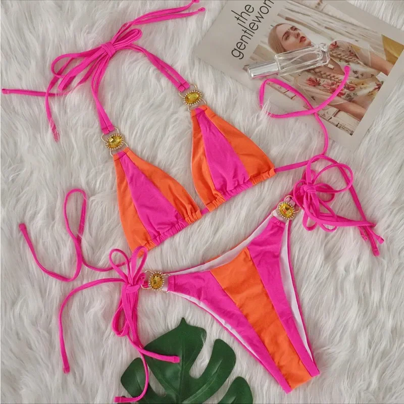 Costume da bagno bikini sexy color block con strass Costumi da bagno donna Costume da bagno push up femminile Costume da bagno da spiaggia Costume da bagno da piscina