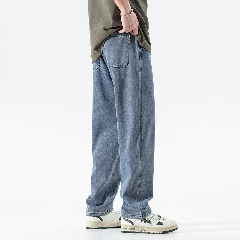 CUMUKKIYP Vintage Straight Wide Leg Cotton Denim Men Jeans Elastic Waistband Tie Belt Black Jeans for Men