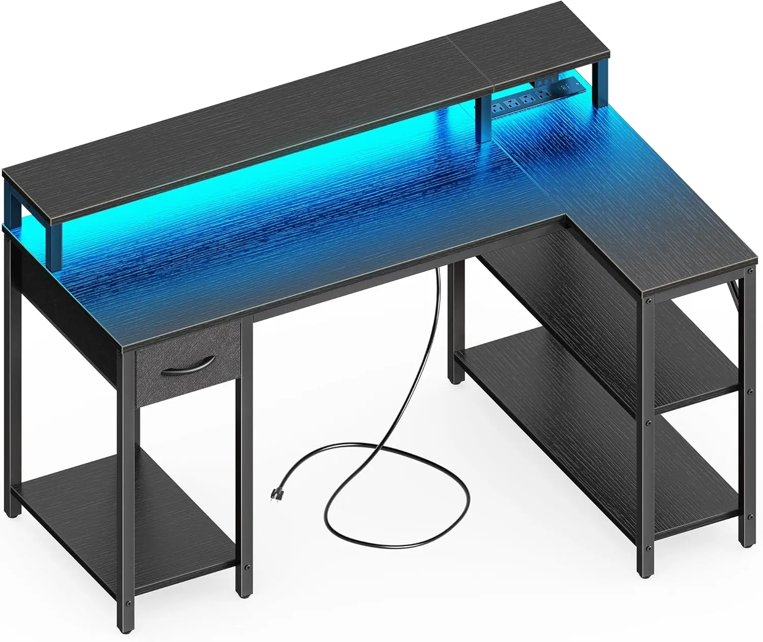 

Reversible L-Shaped Gaming Desk with Drawer, LED Lights, Power Outlets, Monitor Stand, 47' Black