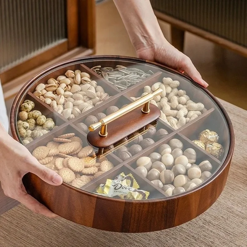 Wooden 9 Grid Dried Fruit Storage Box, Household Nut Melon Seed Serving Tray, Multi Compartment Snack Container for Home JJ4920