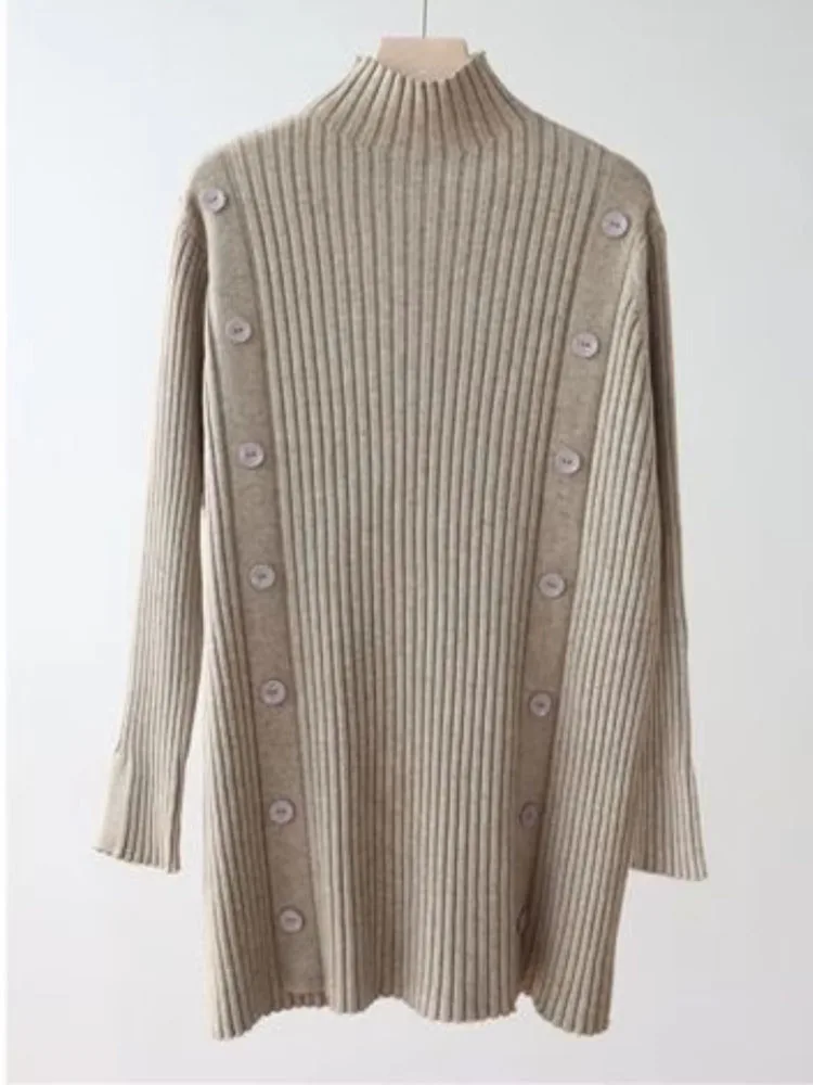 Autumn Winter Half High Neck Knitted Sweater French Personality Side Single Breastd Loose Women Dress Basic Casual Pullover