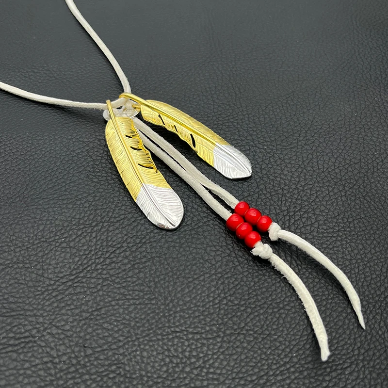 Handmade Alloy Dual-tone Feather Pendant Deerskin Rope Necklace, Goros Unisex Vintage Tribal Jewelry, Native American Style Char
