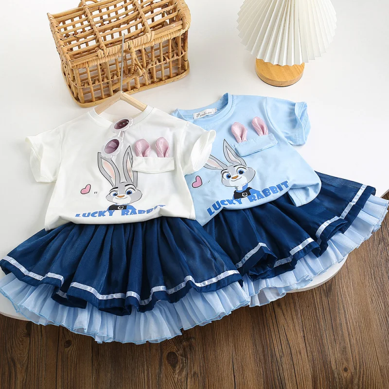 

2025Summer Outfit for Girls Cartoon Set Girl Animation Rabbit Short SleeveTT-shirt+Puffy Skirt Two-Piece Set