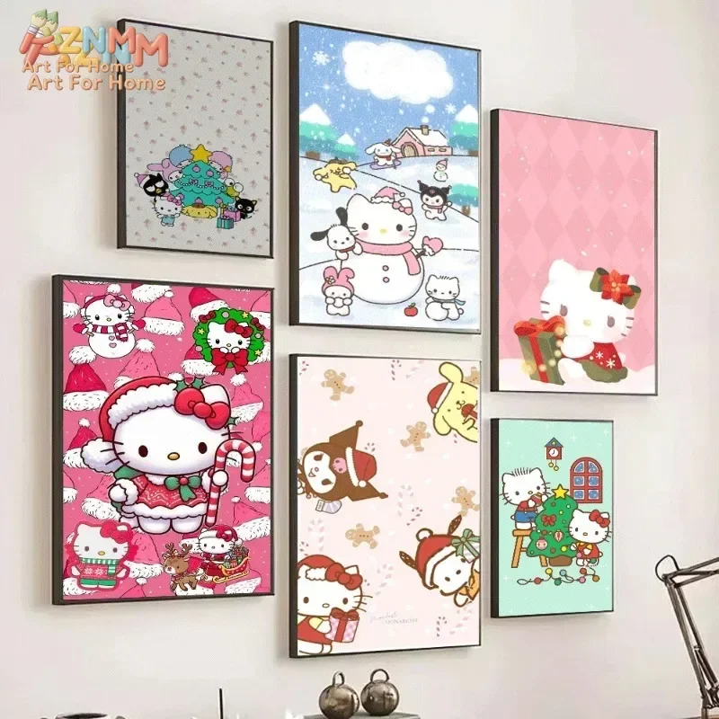 AZNM Sanrio Characters Canvas Poster Christmas Tree Hello Kitty Cute Cartoon Holiday Wall Art Print Girls Bedroom Unframed Paint