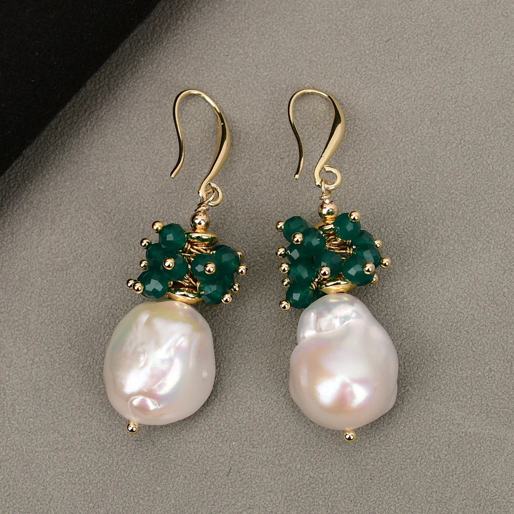 G-G Cultured White Baroque Pearl Green Aagtes Gold Color Hook Earrings For Lady