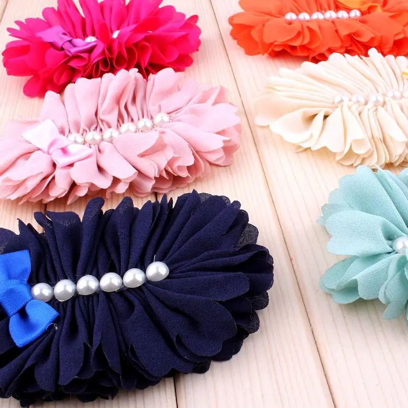 

(30pcs/lot)7 Colors HOT Hair Accessories Big Chiffon Flower With Six Pearl For Kids Girls Flat Back Flower With Mini Bow