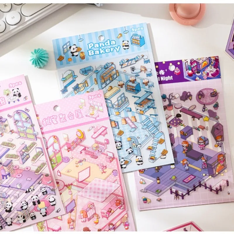 3D Landscape Stickers Coffee Dessert House Series Creative Miniature Scene Visual Stacking Stickers DIY Collage Stickers Relief