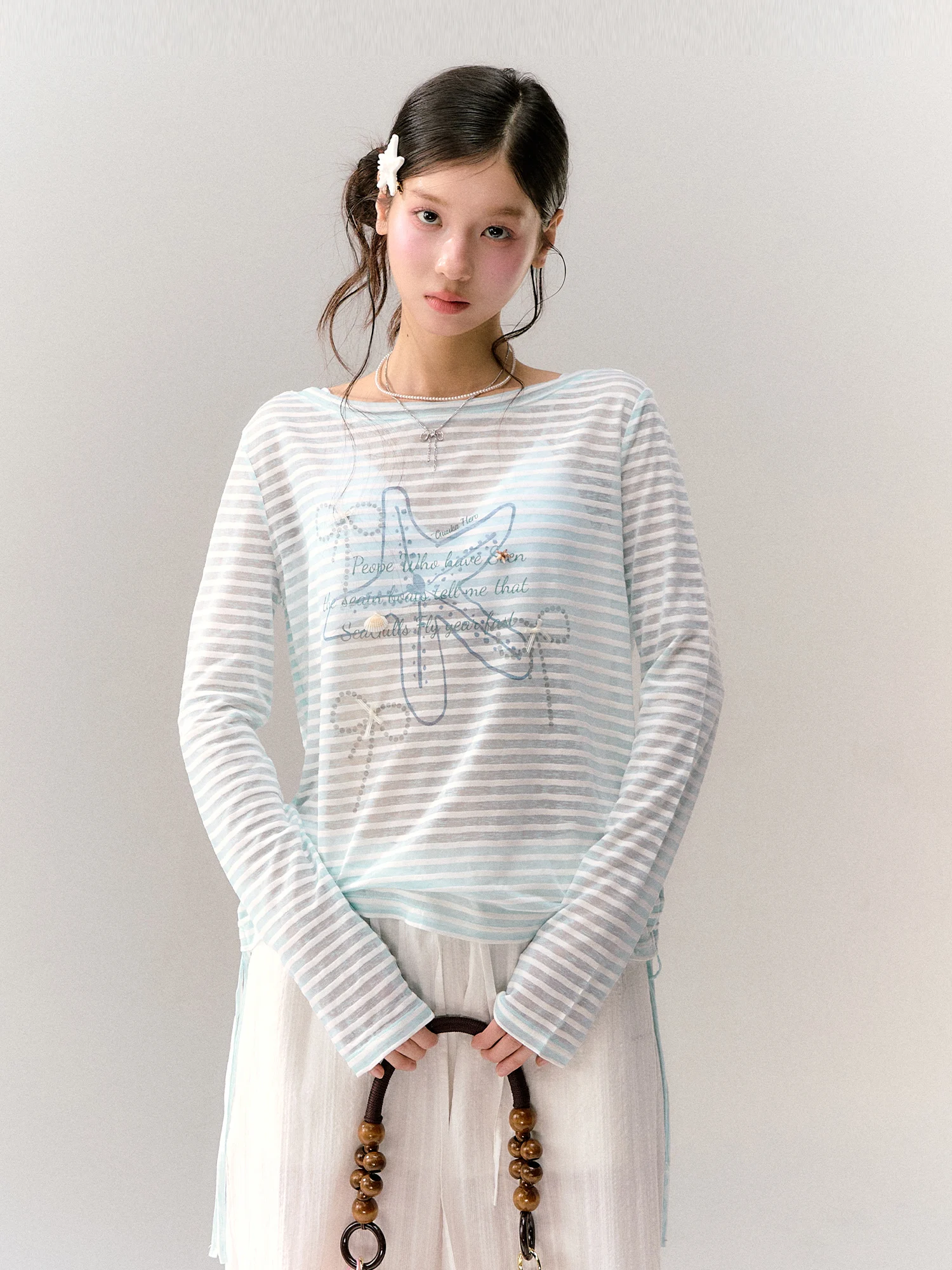 Guukahero Light Blue Striped Long Sleeve Women's T-shirt Breathable Semi-Transparent Loose Fit Summer Top Korean Style