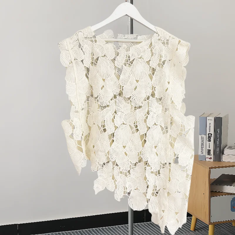 GVUW Hollow Women Shirt Women Round Collar Sleeveless Irregular Hem Solid Color New 2024 Versatile Female Clothing 17G7387