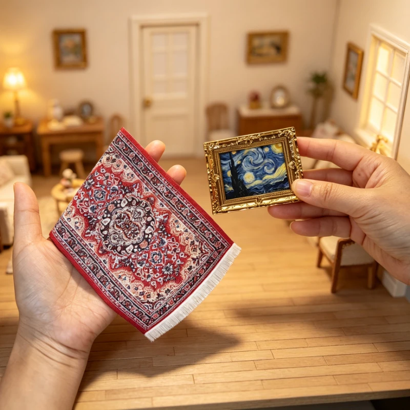 2-Piece Set of Charming Dollhouse Miniature Floor Mats and Picture Frames (Includes 1 mini Floor Mat and 1 mini Picture Frame)