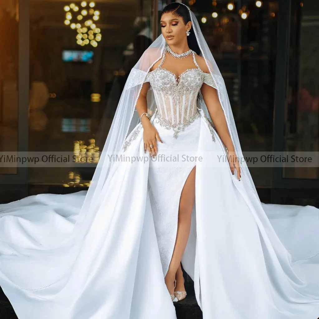 Royal Mermaid Wedding Dresses with Detachable Train O Neck Side Split See Through Lace Beading Arabic Bridal Gowns Customized