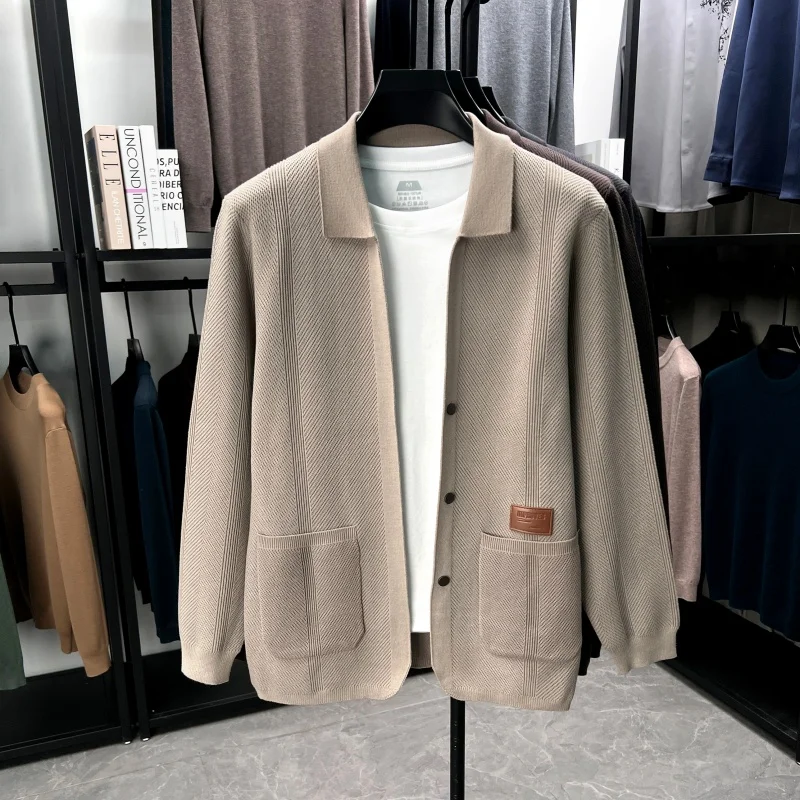 Men's Knitting High Quality Autumn Winter Knit Cardigan Single-Breasted Lapel Leather Label Long Sleeves Sweater Leisure Coat