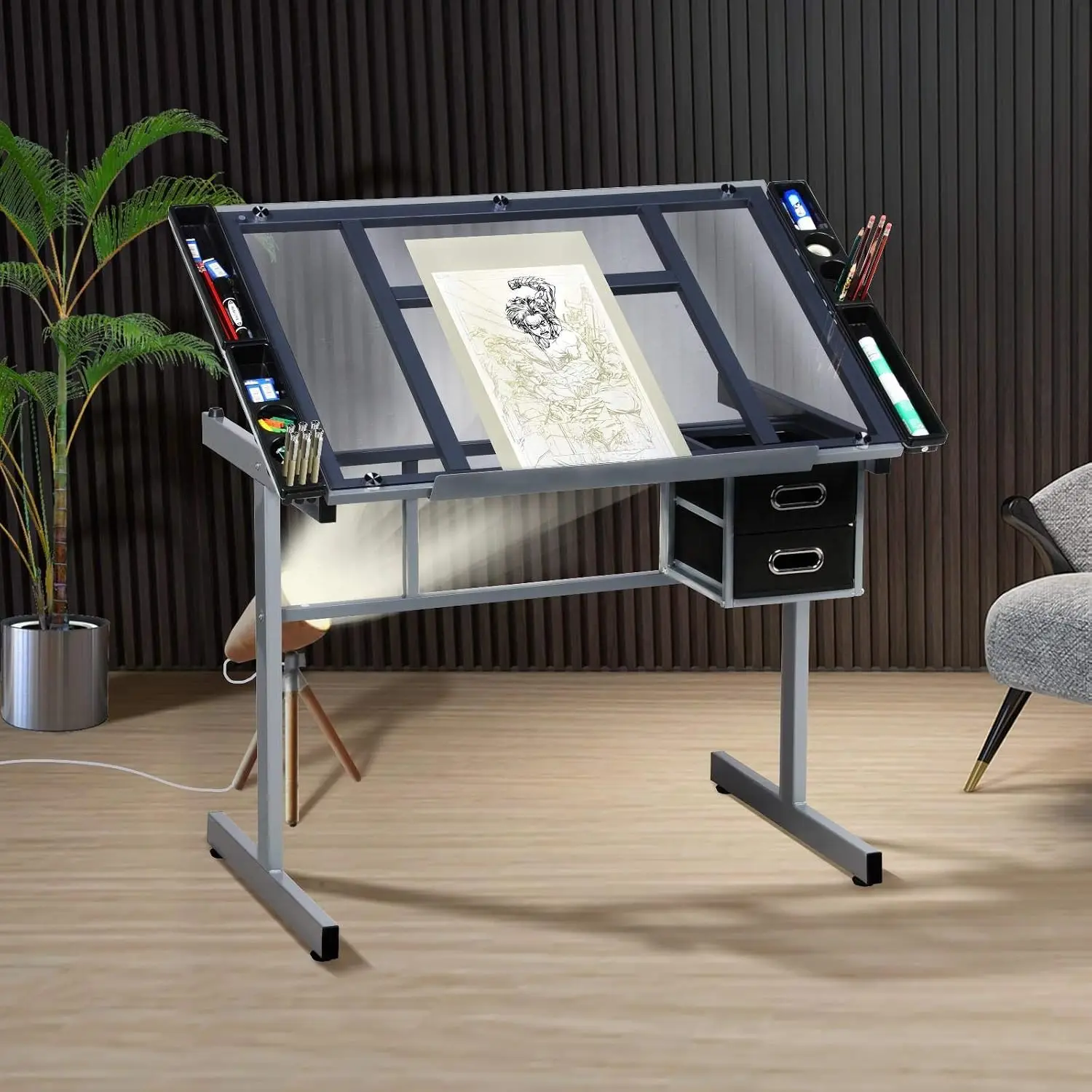 Glass Drafting Table Adjustable Art Desk with Storage, Customized
