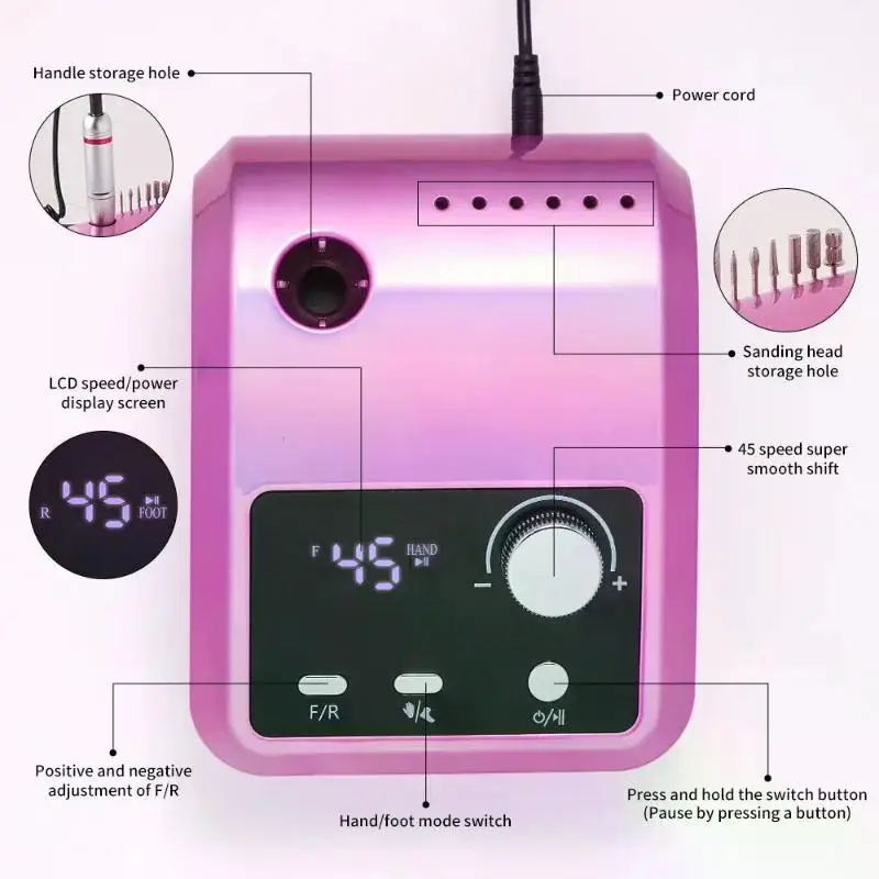 Máquina pulidora eléctrica para uñas, lijadora de torno profesional para manicura de Metal, con pantalla HD, 45000 RPM