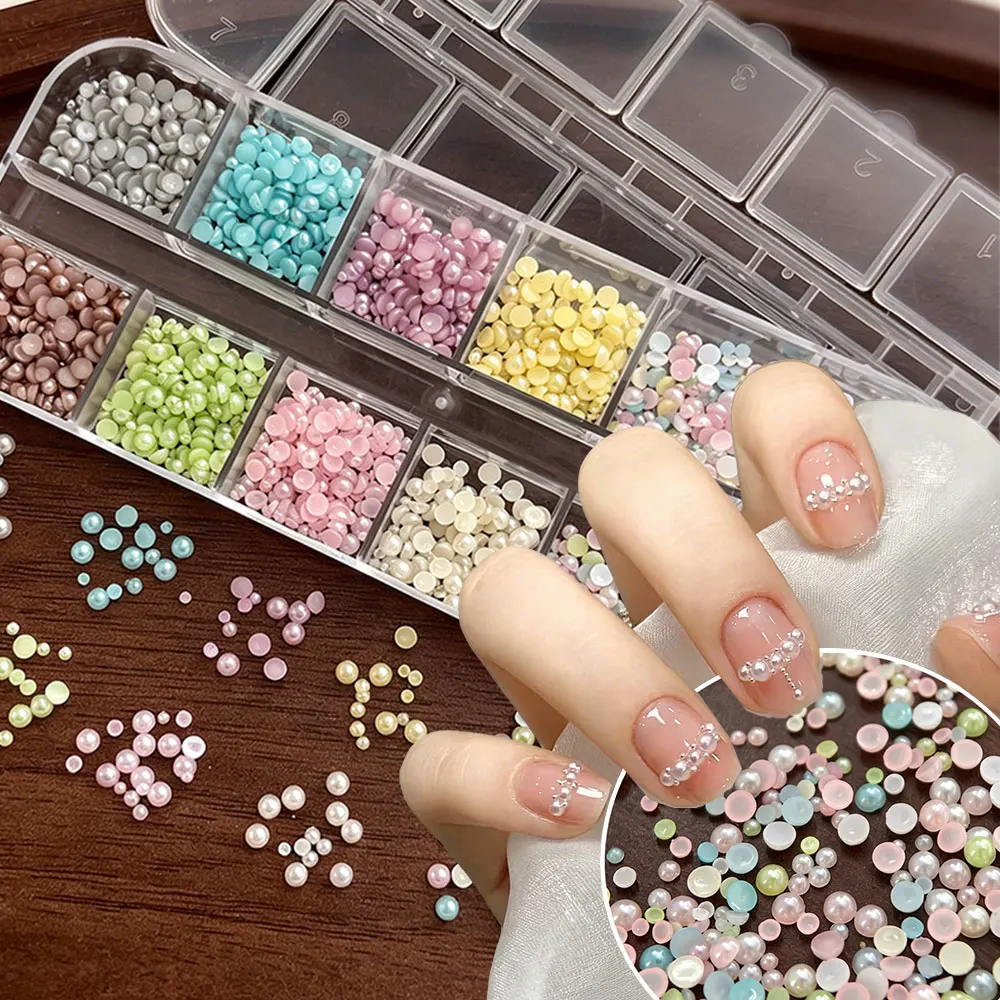 12Grids Mixed Color Half Round Pearls Nail Charms Multi-Size Flatback Pearls Nail Decoration DIY Manicure Craft Jewelry Supplies